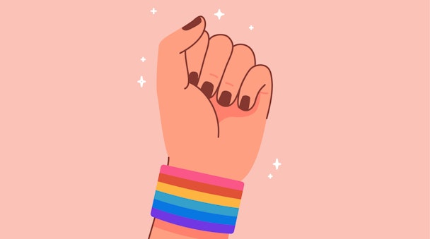 A cartoon fist in rainbow colors