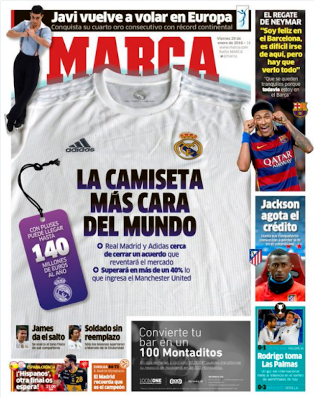 Marca's front page features a picture of the Real Madrid shirt with the headline: 'The most expensive shirt in the world.'