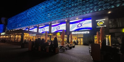 Illuminations in the form of flags in support of Israel in its war with Hamas at a McDonalds restaurant in Kyiv, Ukraine
