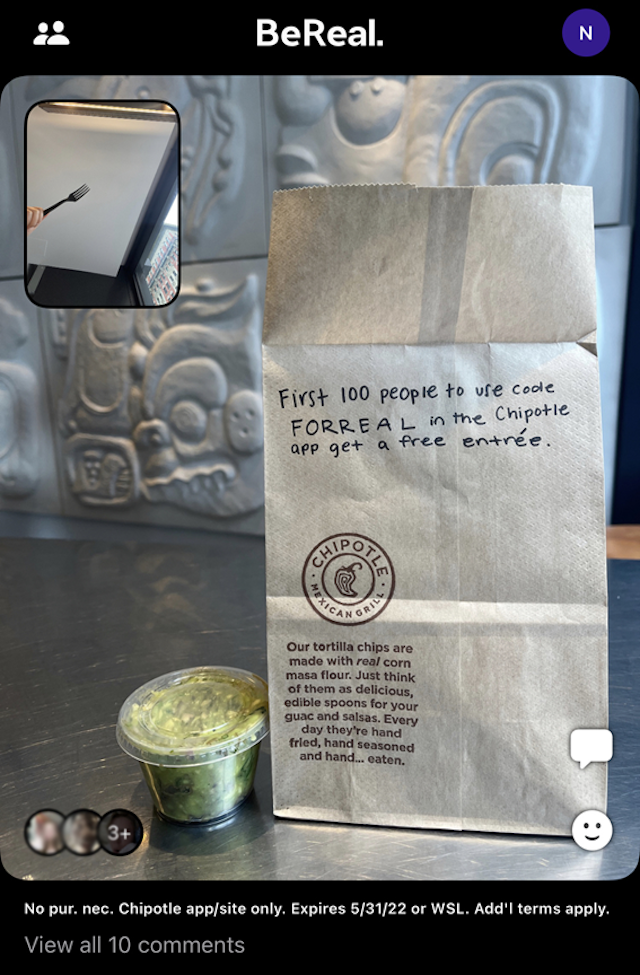 Bag of chips with guac from Chipotle on mobile app screen