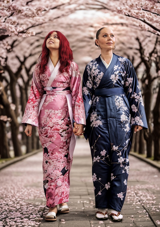 Two people walking through cherry blossom trees in Japan 