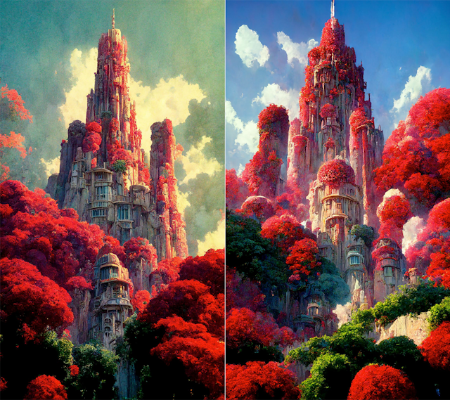 An AI-generated red citadel against a blue sky