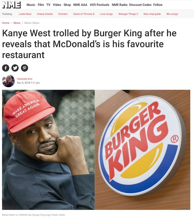 NME's coverage of the Burger King UK tweet.