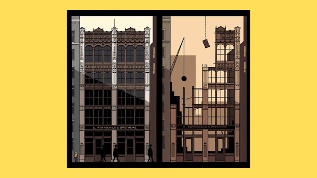 Illustration of a dystopian world, created by Chris Ware