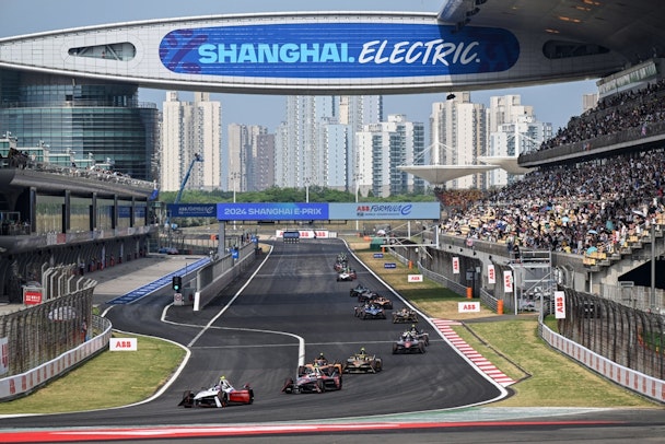 Formula E cars on the track in Singapore 