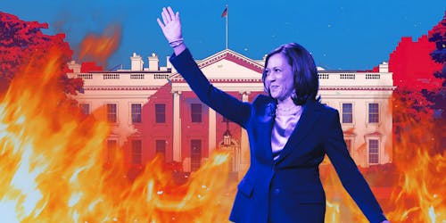 Collage of Kamala Harris standing in front of flames and White House in the far background Collage of Kamala Harris standing in front of flames and White House in the far background
