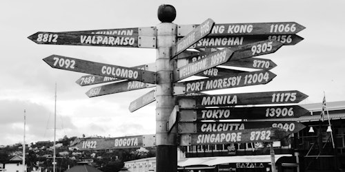 A signpost featuring lots of cities