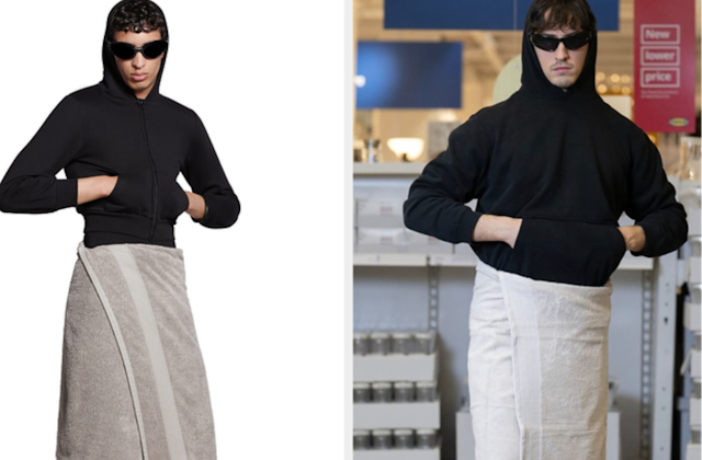 Model wearing an Ikea Towel next to a model wearing Balenciaga