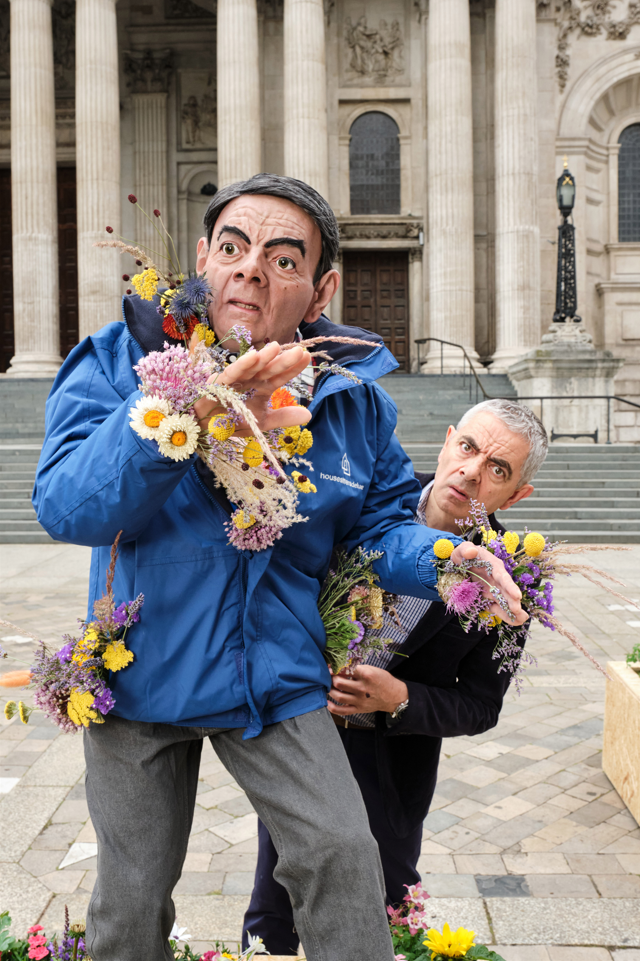 Pollen-filled Rowan Atkinson statues raise awareness about endangered bees