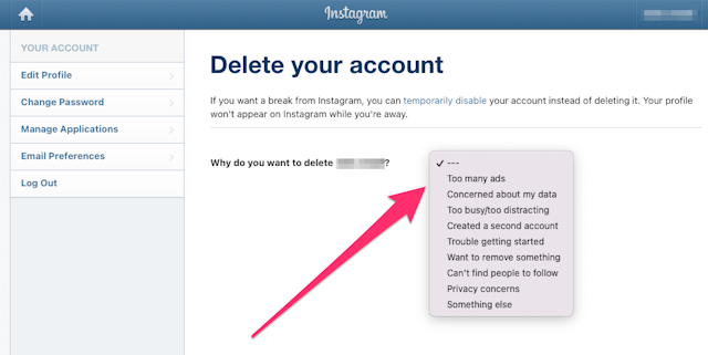 Instagram delete account page
