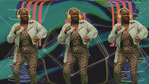 Still from the Pump up the Jam video featuring a viral dancing gran