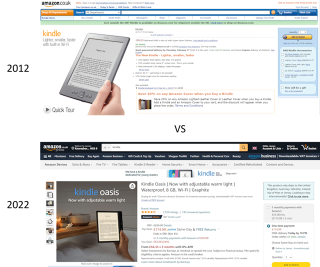 Comparison of Amazon shopping screens between 2012 and 2022