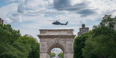 Civil War movie promo with helicopter over Washington Square Park in Manhattan