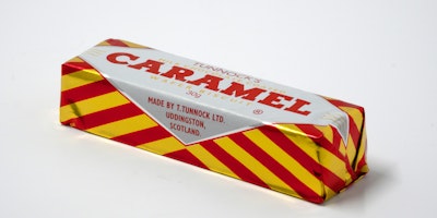 A Tunnock's Caramel Wafer bar against a white background