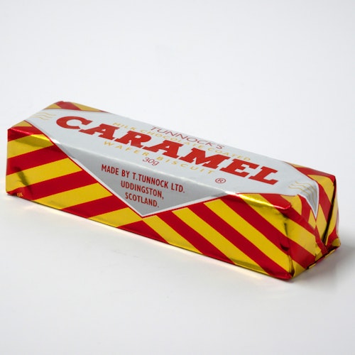 A Tunnock's Caramel Wafer bar against a white background