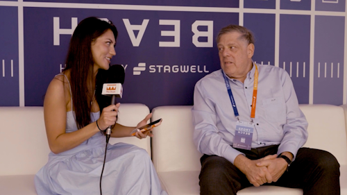 The Drum's Kendra Barnett sits on a couch interviewing Stagwell CEO Mark Penn