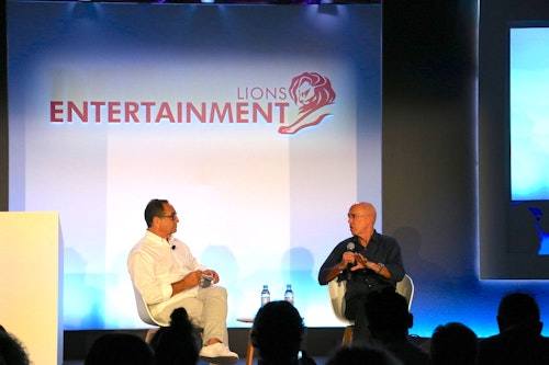 MediaLink CEO Michael Kassan (left) talks to Jeffrey Katzenberg at Cannes Lions