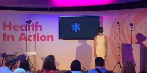 Mia Tramz, managing editor of Life VR, shows Lumen project at Cannes Lions