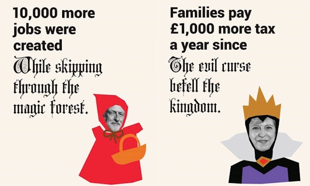 Theresa May becomes the evil queen and Boris Johnson as a fire breathing dragon in a political reforms ad