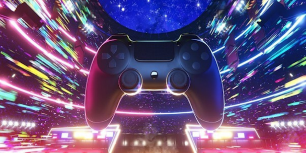 Graphic depicting a games controller on a colourful background 