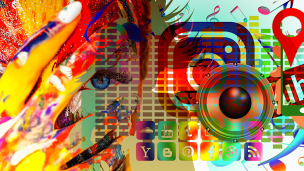 Colourful, composite image showing various social media platform icons and a person looking through their fingers