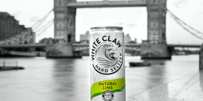 A can of White Claw sat in front of London Bridge