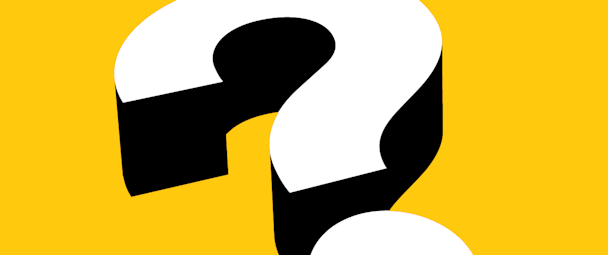 A white question mark against a yellow background