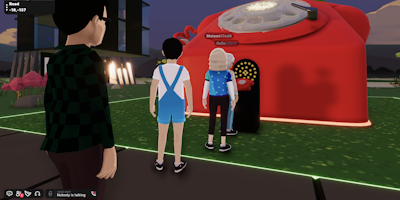A screenshot from Decentraland, showing a large red telephone