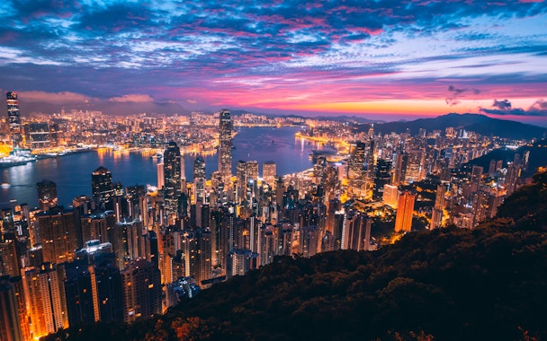 Hong Kong skyline framed against its mountains