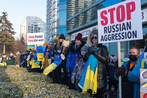 Demonstrators protest the invasion of Ukraine