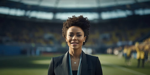 A woman stands in front of a football stadium wearing a black suit.