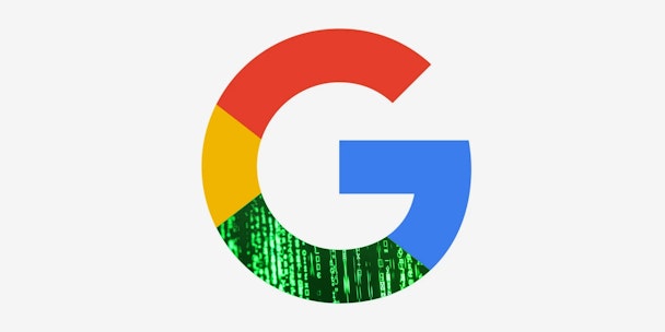 The Google logo with machine code in the place of the green section