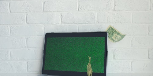 Dollar bills flutter in front of a blank screen, symbolising ad spend on fake sites