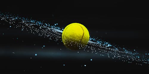 A tennis ball depicted as a planet, surrounded by rings of blue light A tennis ball depicted as a planet, surrounded by rings of blue light