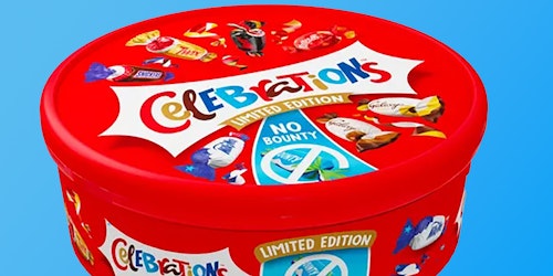 A tub of the Celebrations mixed confectionary tub, with the No-Bounty logo on the front
