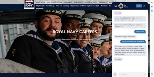 A screenshot of the Royal Navy website with integrated AI chatbot