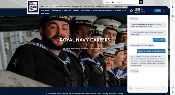 A screenshot of the Royal Navy website with integrated AI chatbot