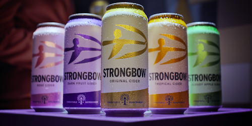 A selection of Strongbow cans, highlighting the brand's new imagery