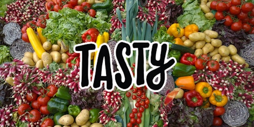 The BuzzFeed Tasty logo over a background of vegetables