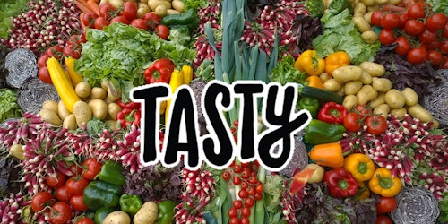 The BuzzFeed Tasty logo over a background of vegetables