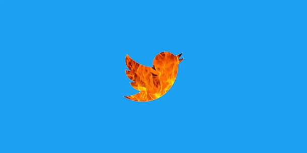 The Twitter logo, with the white bird replaced by flames