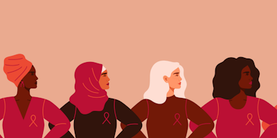 women wearing breast cancer ribbon