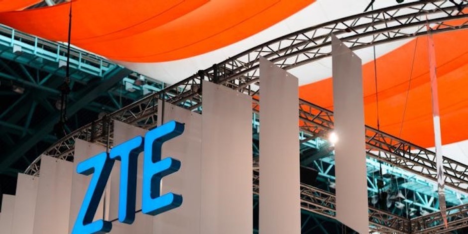 ZTE blue logo branding in an event space