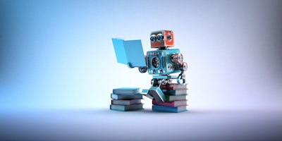 Wall-E type robot sitting on some books