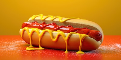 An AI-generated image of a hotdog covered in ketchup and mustard