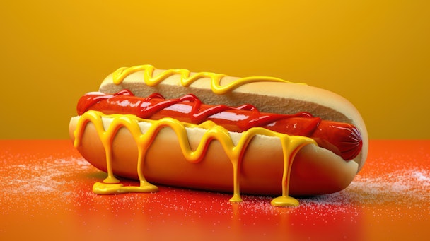An AI-generated image of a hotdog covered in ketchup and mustard