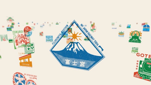 Colorful passport-style stamps representing Japans various railway stations