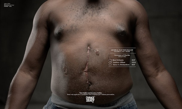 superimposed voter ballots over the bullet scars of a real survivor of gun violence