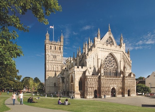 An exterior photo of Exeter Cathedral.