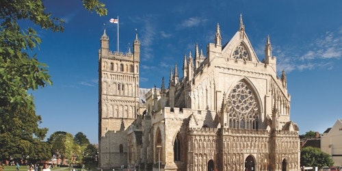 An exterior photo of Exeter Cathedral.